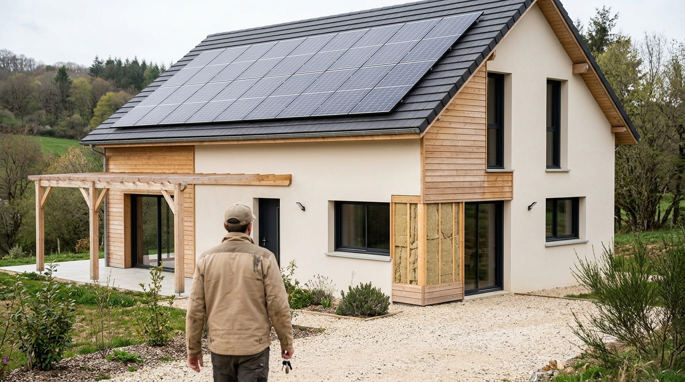 Maison neuve labellisée BBC Effinergie 2020 avec isolation renforcée et panneaux solaires