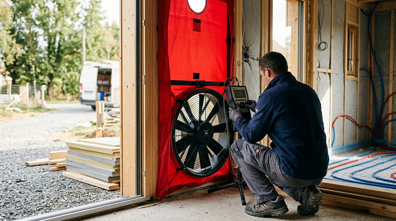 Technicien réalisant un test d'infiltrométrie Blower Door sur une maison BBC en construction