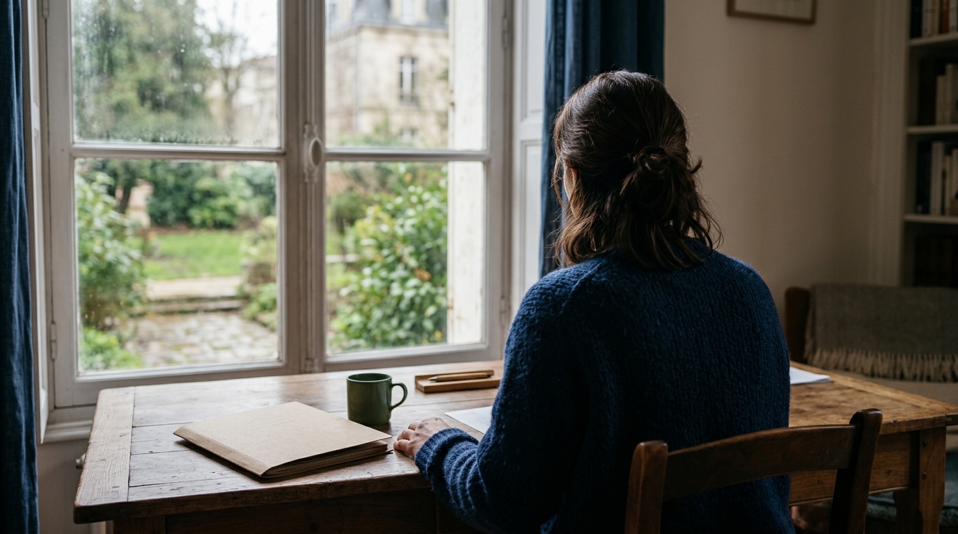 Personne de dos assise à un bureau face à une fenêtre, un dossier fermé et une tasse posés devant elle