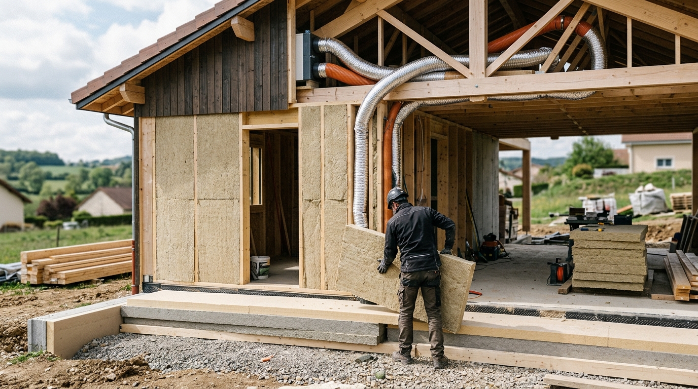 Chantier de maison individuelle conforme RE2020 avec isolation et ventilation en cours de pose