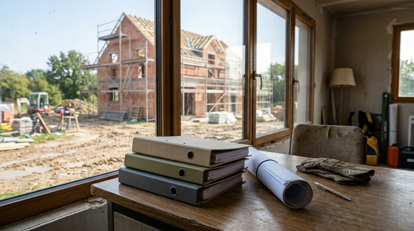 Classeurs fermés et plan roulé sur le bureau d'une base de chantier, maison en construction visible par la fenêtre