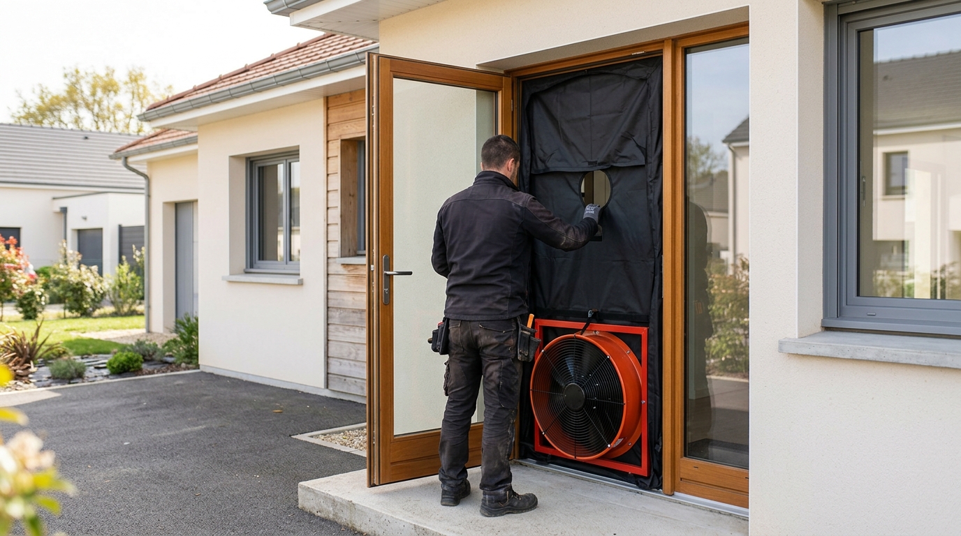 Test blower door : technicien installant le ventilateur calibré dans l'encadrement de la porte d'entrée d'une maison neuve
