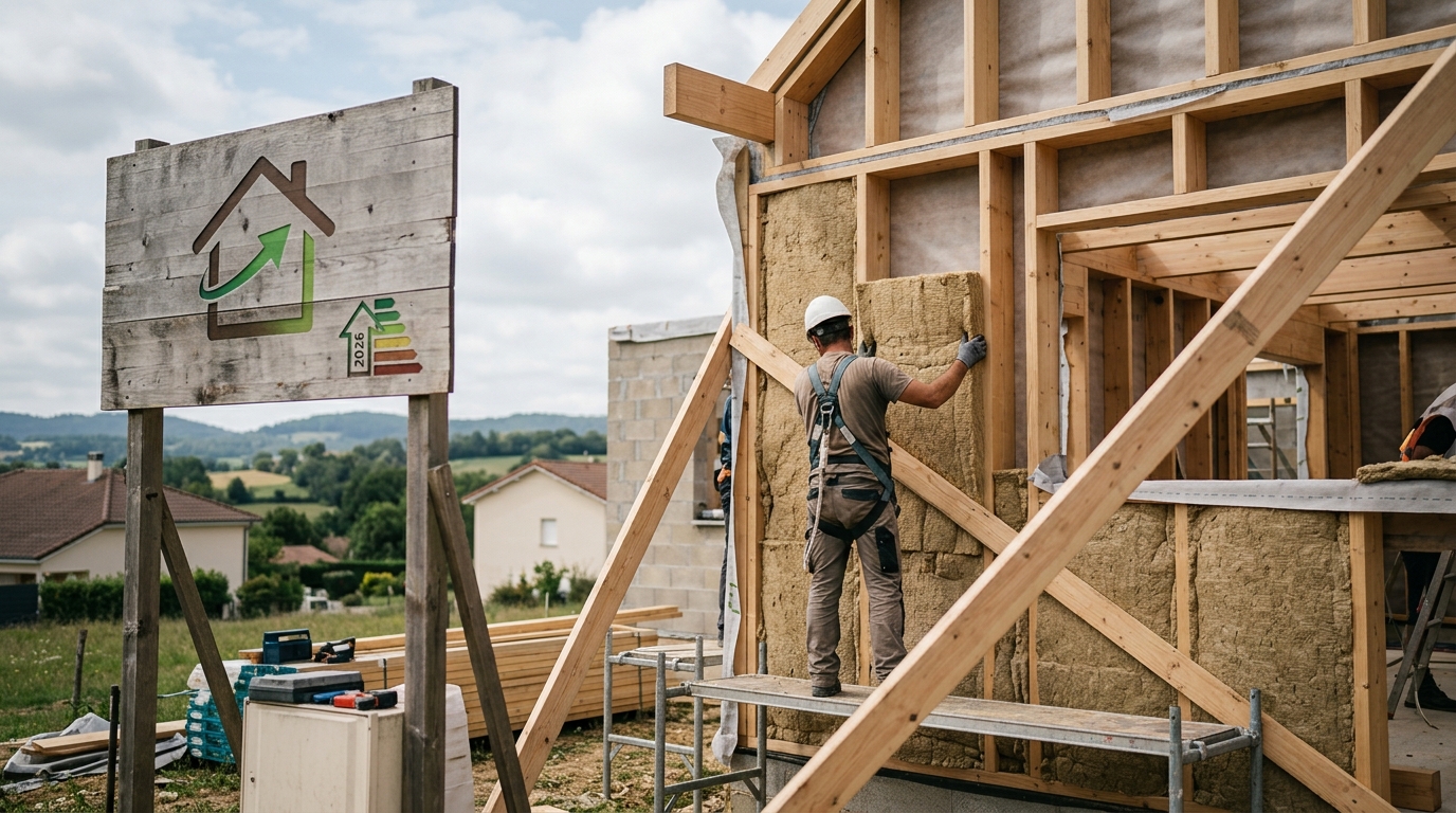 Chantier de maison individuelle RE2020 avec panneau de chantier et isolation visible en cours de pose