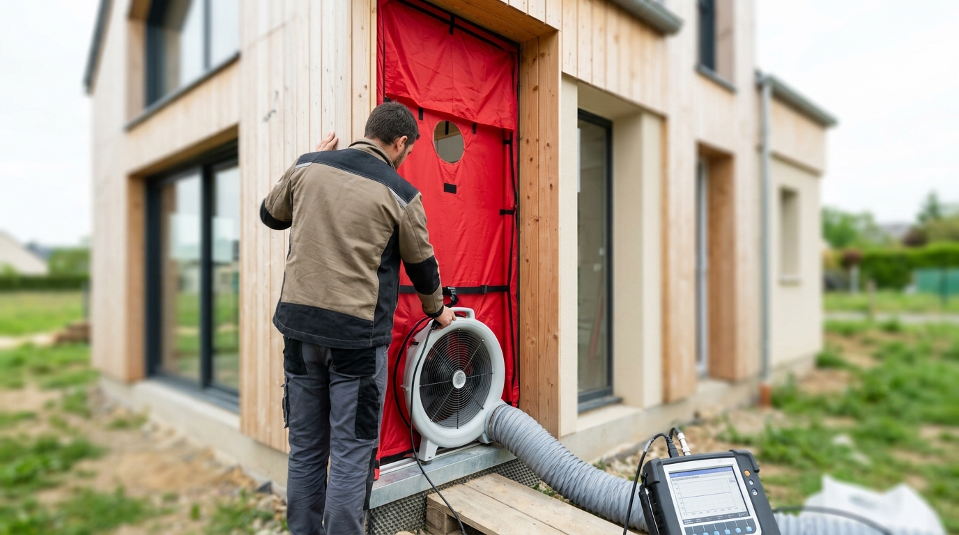 Expert réalisant un test de perméabilité à l'air (blower door test) sur une maison individuelle neuve RE2020