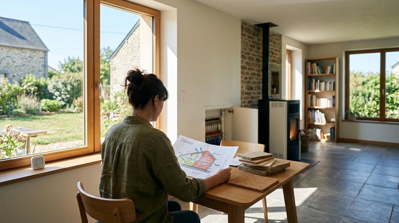 Personne de dos étudiant les plans d'une maison à une table, dans un séjour lumineux avec poêle à bois