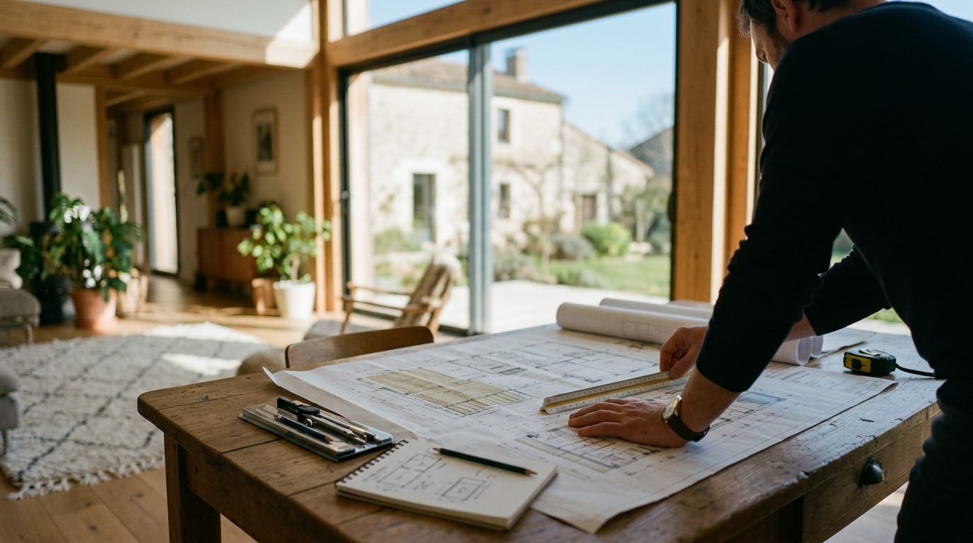 Personne penchée sur des plans de maison étalés sur une table en bois, dans une pièce vitrée