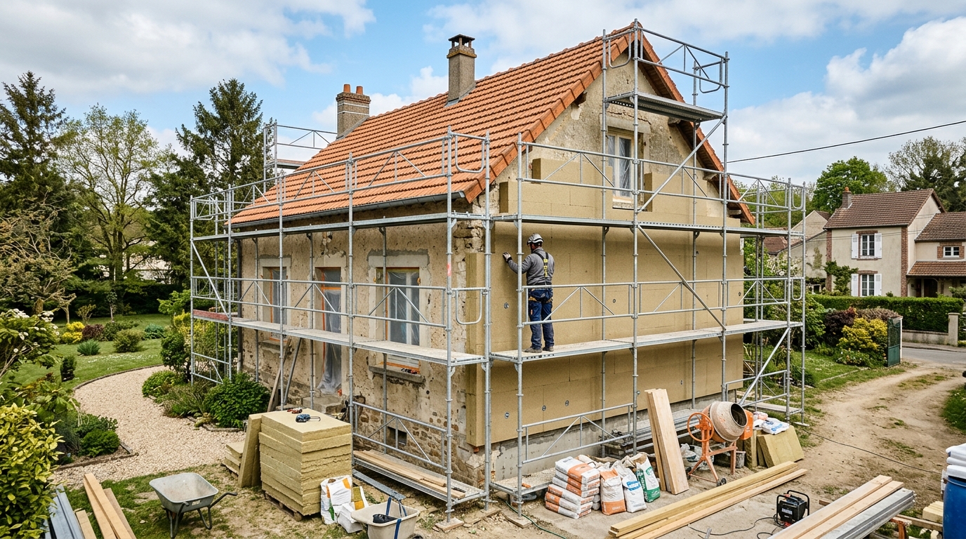 Maison individuelle en cours de rénovation énergétique avec échafaudage et panneaux isolants posés en façade