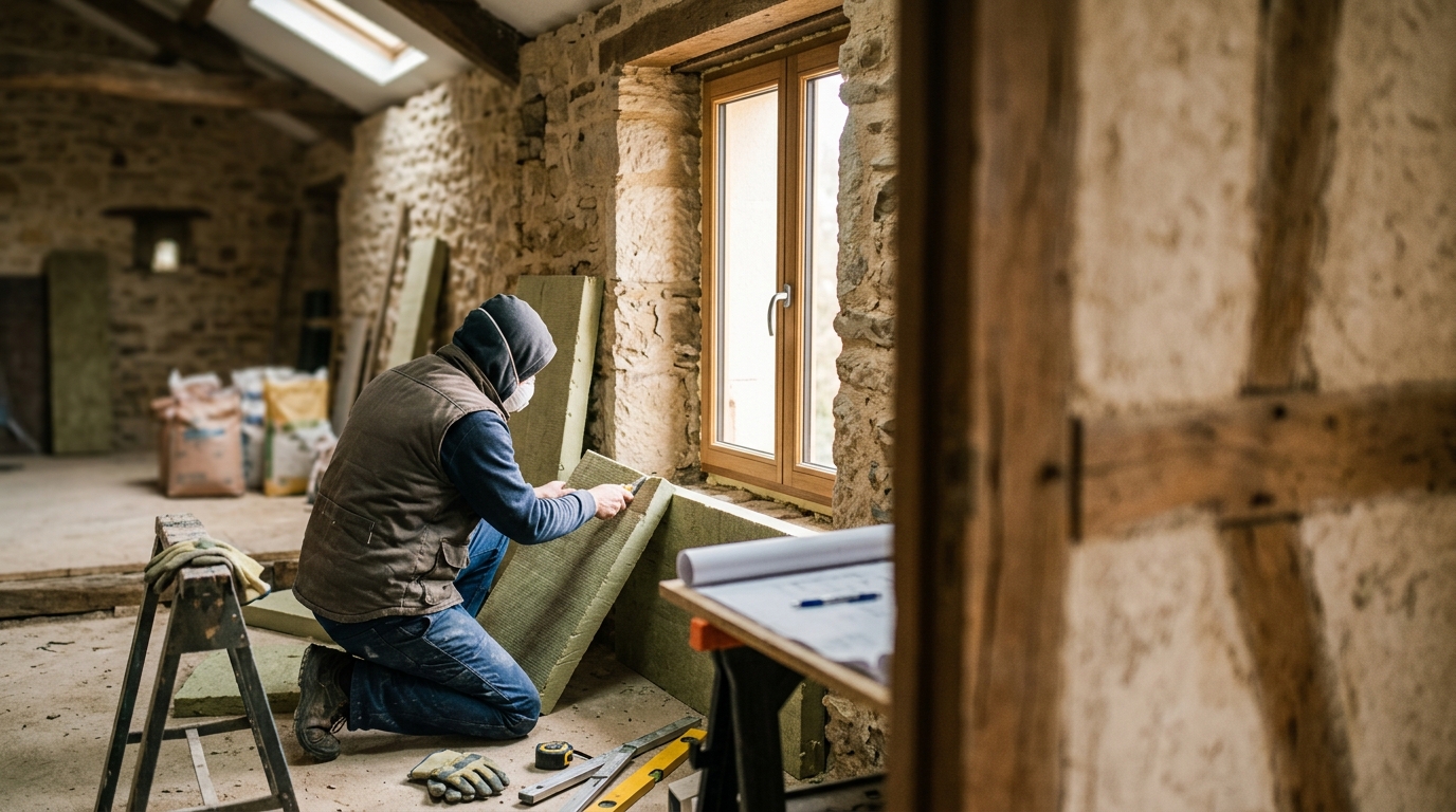 Artisan posant un panneau isolant sous une fenêtre, dans une maison en pierre en rénovation