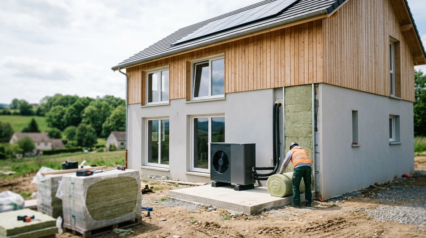 Construction d'une maison neuve conforme RE2020 avec pompe à chaleur et isolation renforcée