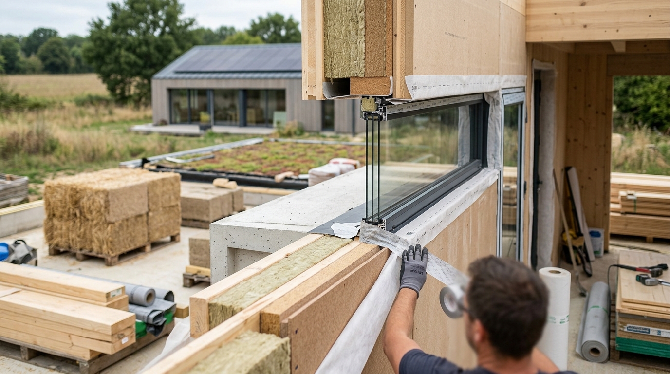 Ouvrier vu de dos posant une membrane d'étanchéité autour d'une menuiserie, sur un chantier à ossature bois