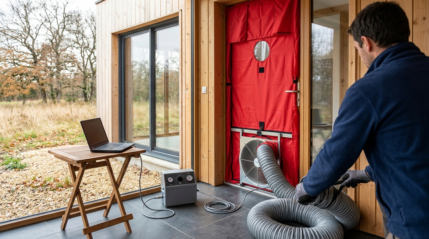 Test d'étanchéité à l'air blower-door sur une maison neuve RE2020