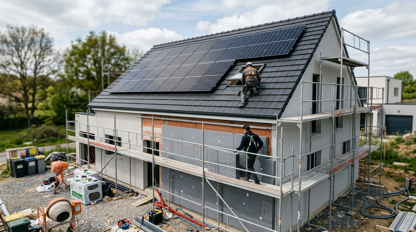 Chantier de maison neuve conforme RE2020 avec isolation renforcée et panneaux photovoltaïques en toiture
