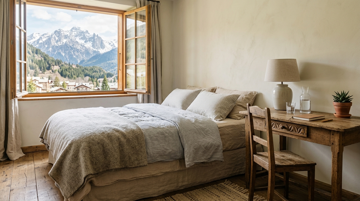 Chambre d'hôtes lumineuse avec bureau en bois, linge de lit en lin et fenêtre ouverte sur la montagne