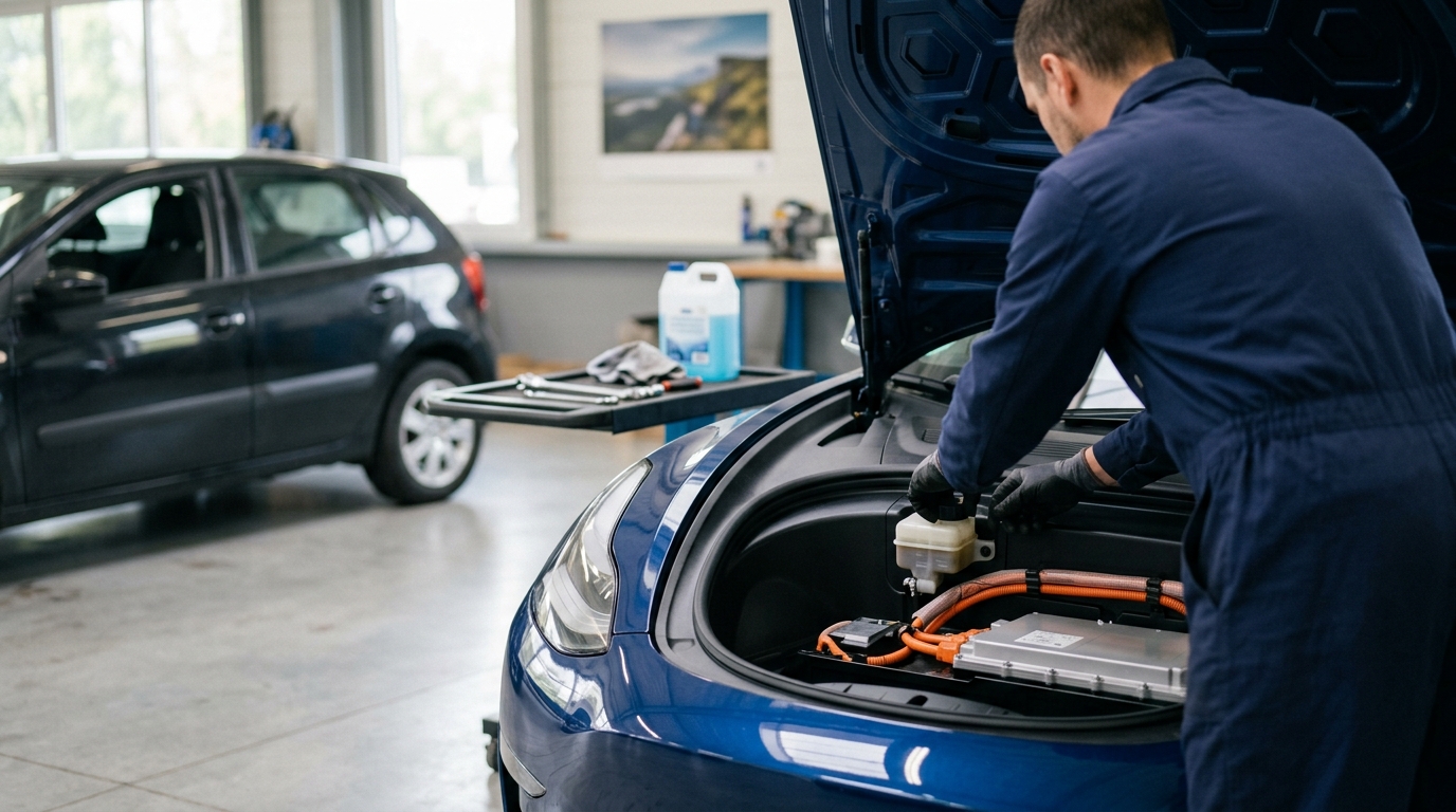 Mécanicien en combinaison intervenant sous le capot d'une voiture électrique dans un atelier