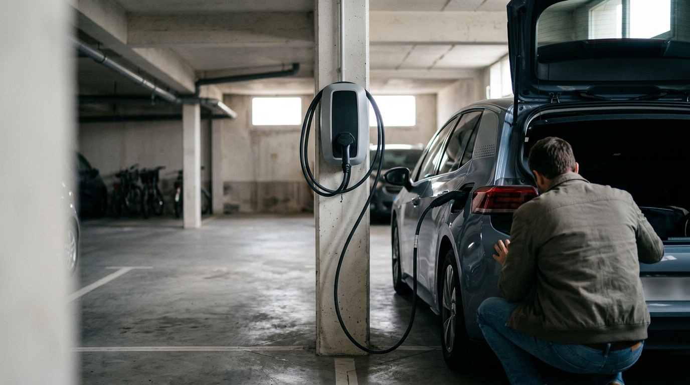 Borne de recharge installée dans le parking d'une copropriété