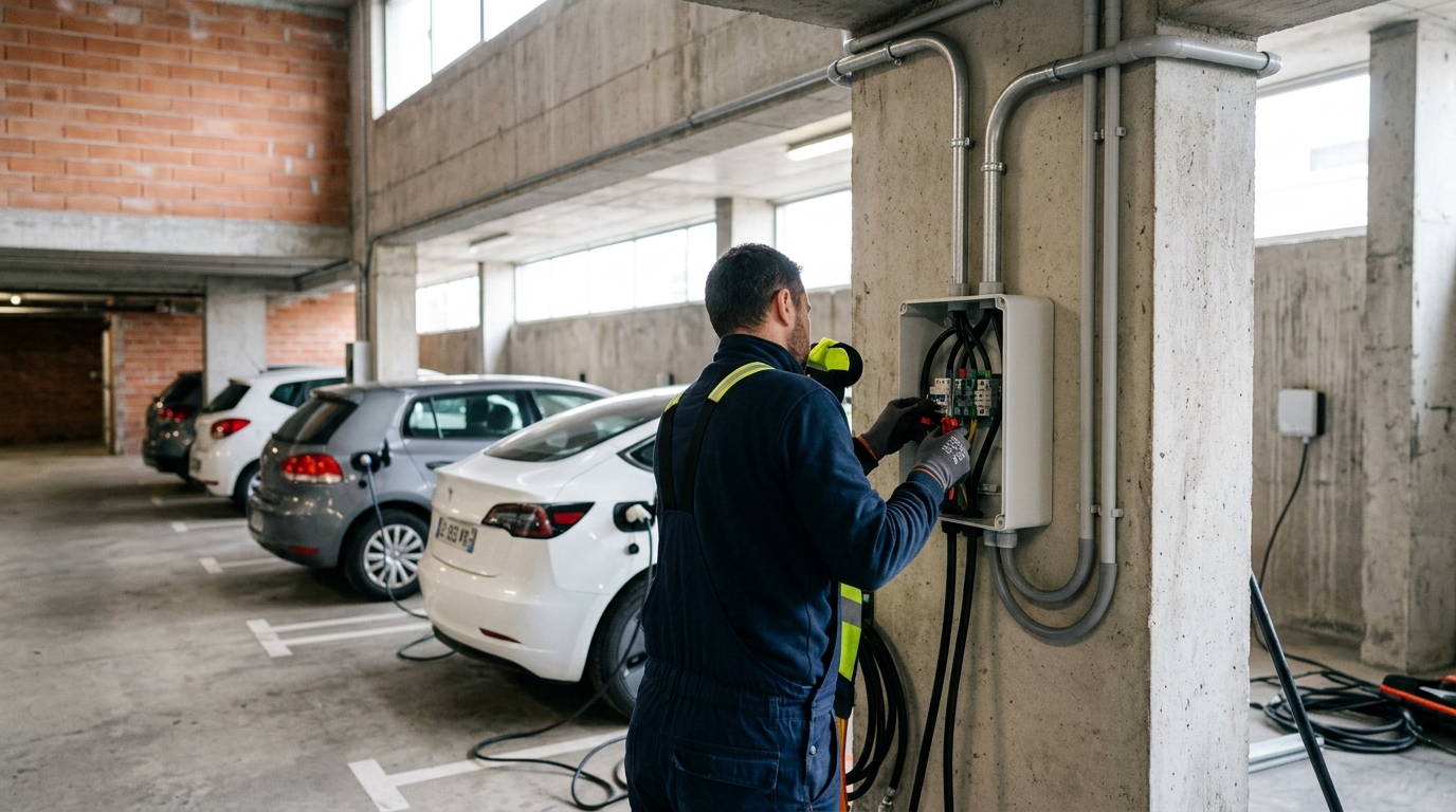 Électricien intervenant sur un coffret électrique dans le parking d'une copropriété, voitures en charge à l'arrière-plan