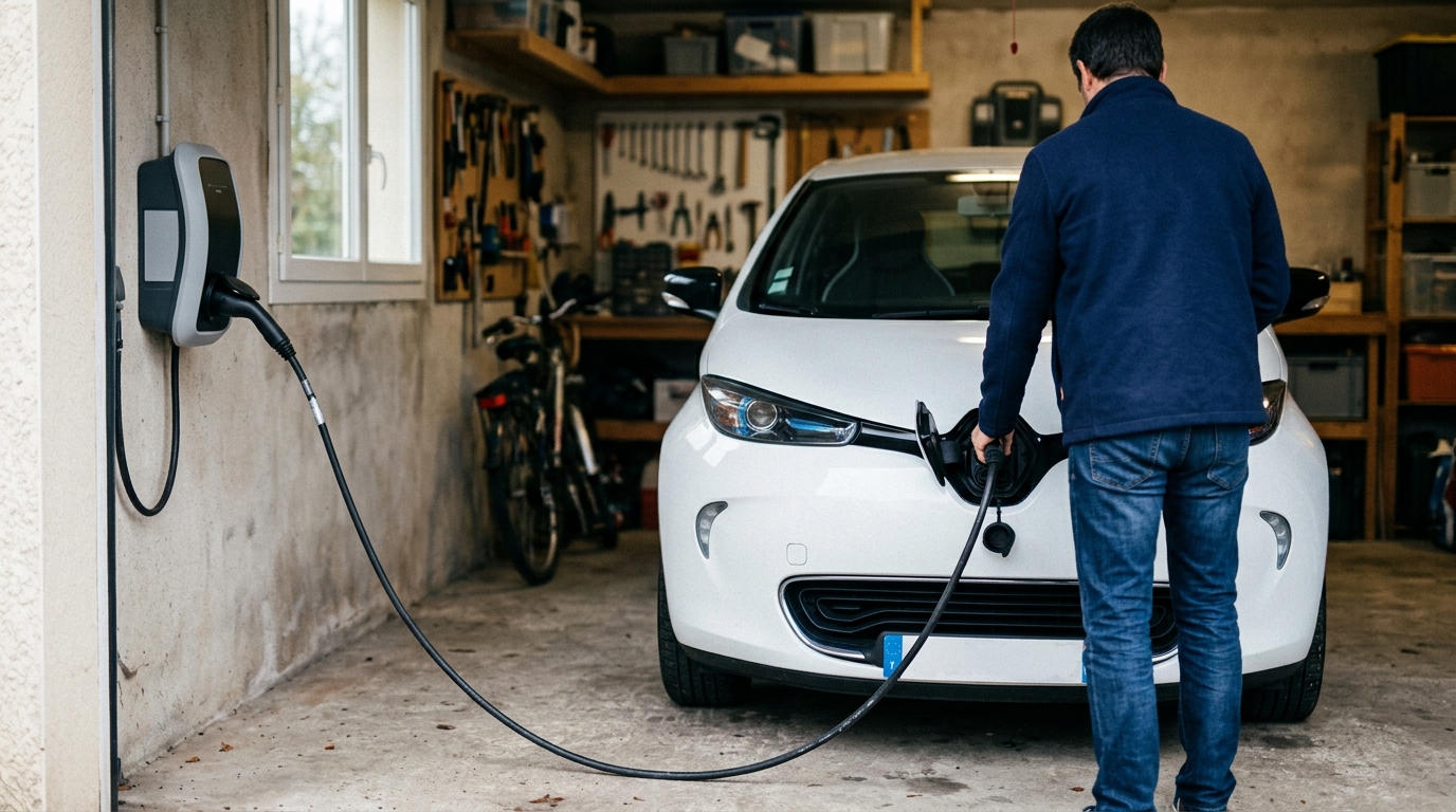 Une voiture électrique branchée sur une borne wallbox dans un garage résidentiel, illustrant la recharge à domicile au quotidien