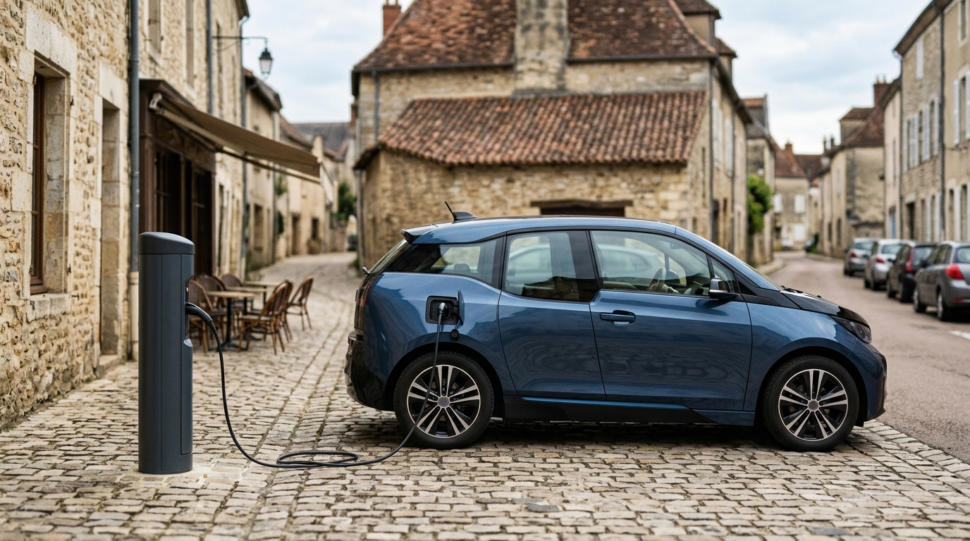 Voiture électrique branchée sur une borne de recharge dans une rue pavée de village