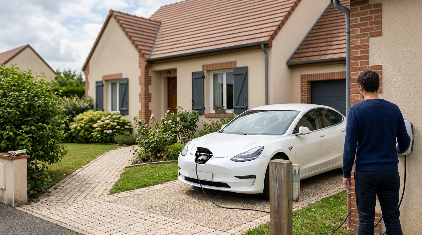 Voiture électrique en charge devant un pavillon, comparaison leasing social et crédit auto bonus 2026
