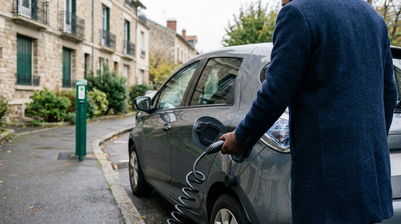 Personne branchant le câble de recharge d'une voiture électrique stationnée dans une rue résidentielle