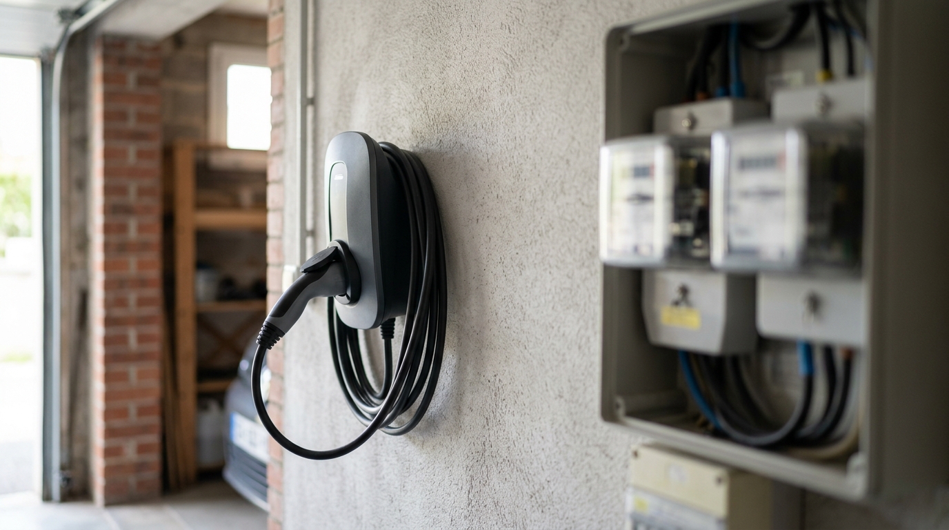 Borne de recharge électrique à domicile avec compteur électrique en arrière-plan