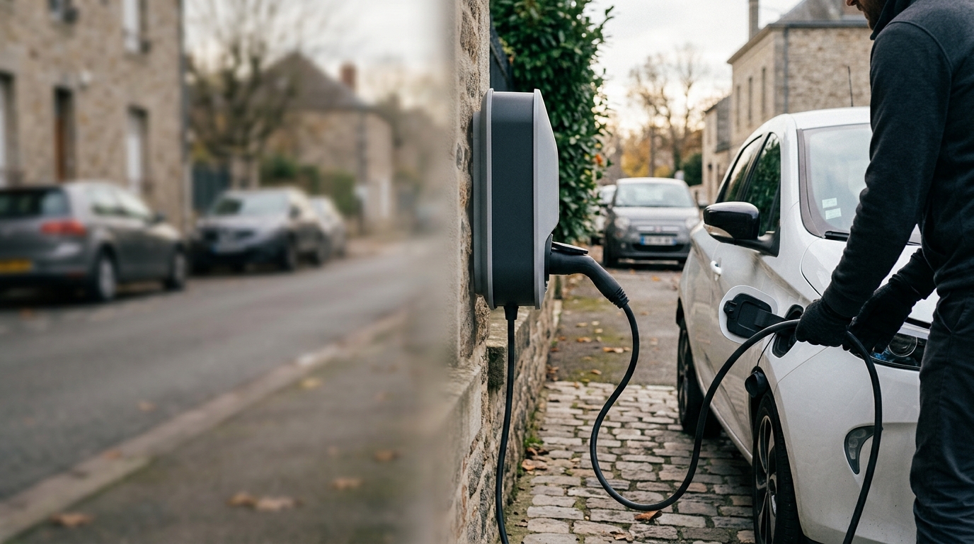 Personne branchant une voiture électrique sur une borne murale, dans une rue de village