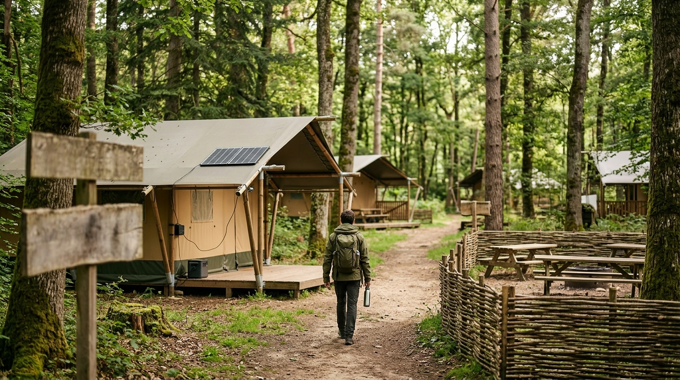 Camping nature certifié avec tentes et panneaux solaires en pleine forêt