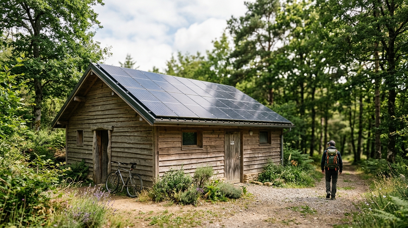 Panneaux solaires installés sur des sanitaires de camping en pleine nature