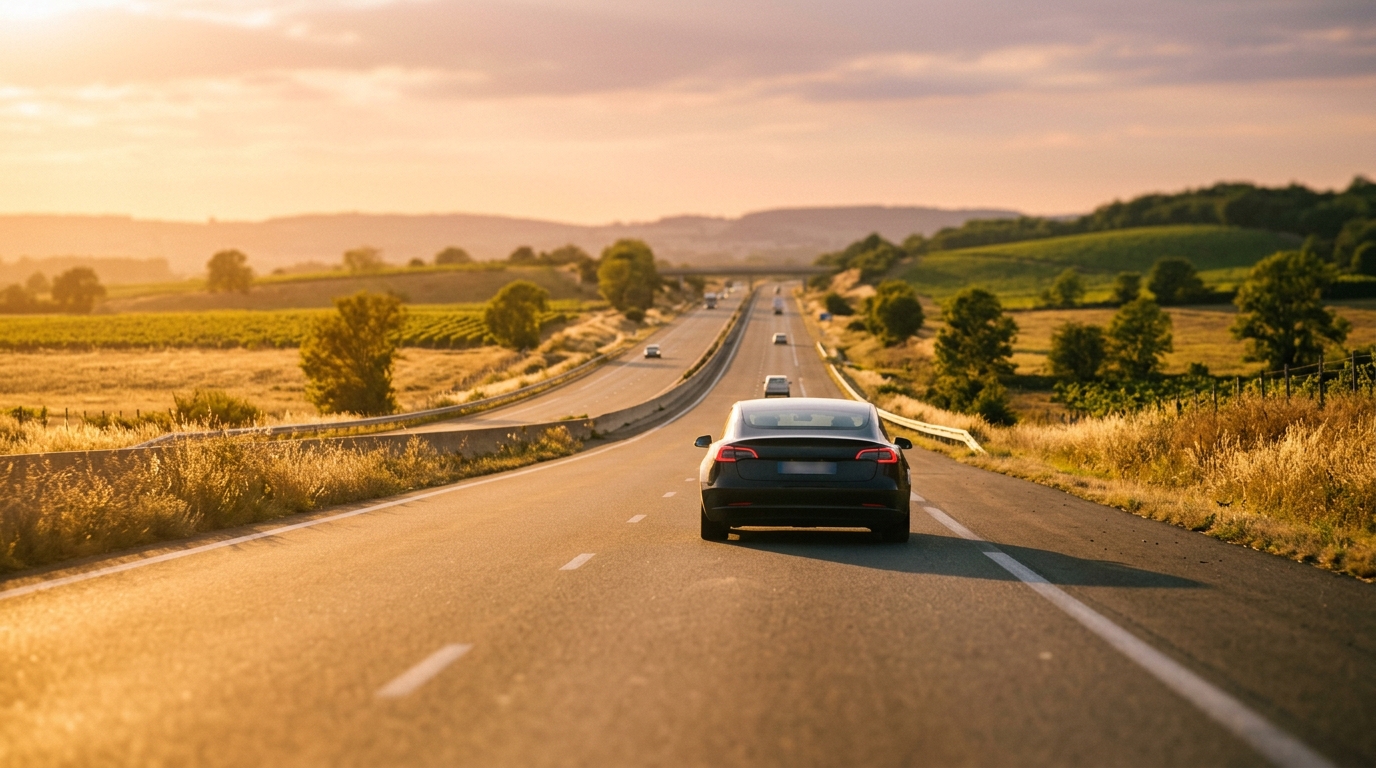 Voiture sur une autoroute de campagne en été, soleil bas sur l'horizon