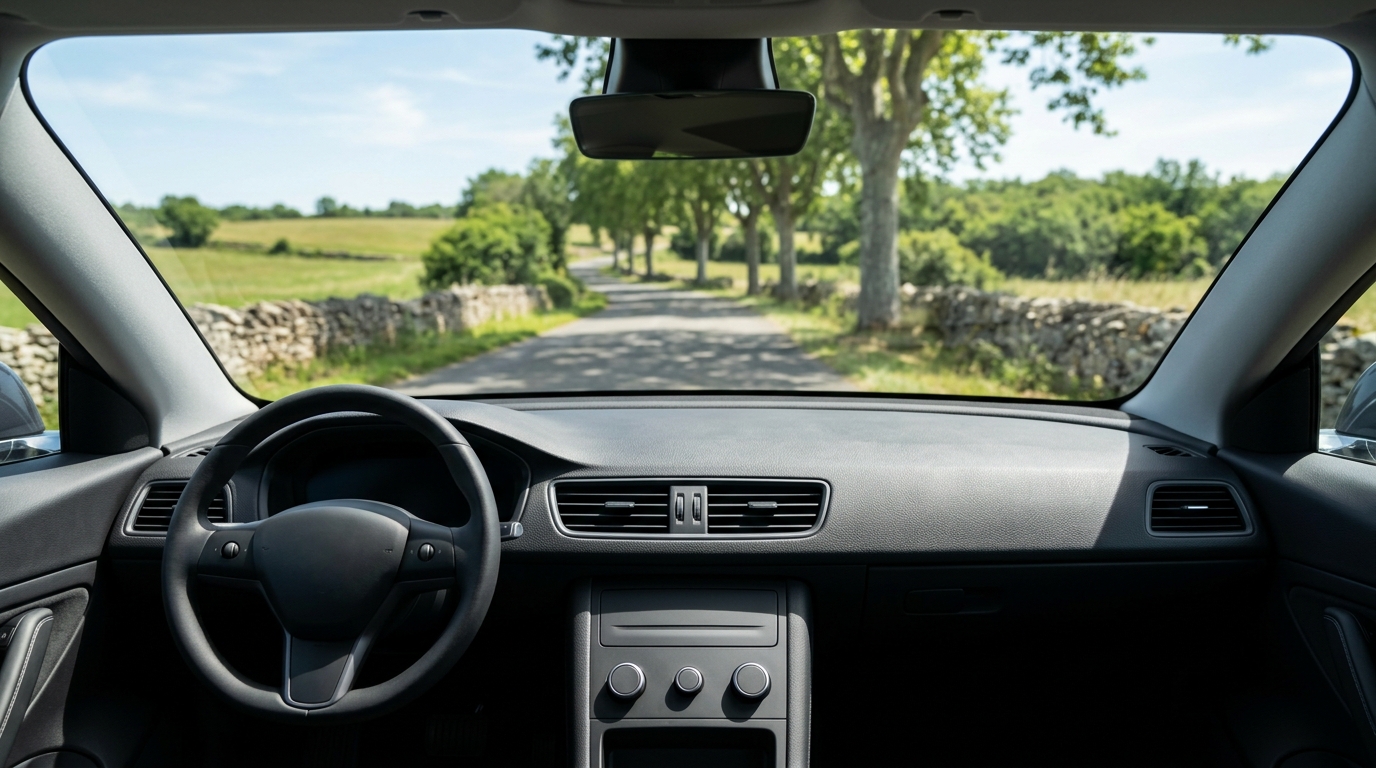 Habitacle vide d'une voiture, aérateurs et tableau de bord au premier plan, route de campagne ensoleillée derrière le pare-brise