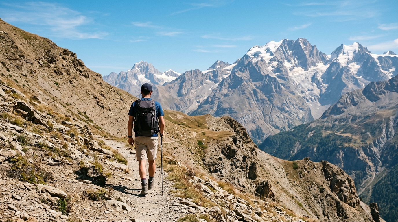 Randonneur sur un sentier de montagne en août, ciel bleu et sommets enneigés en arrière-plan