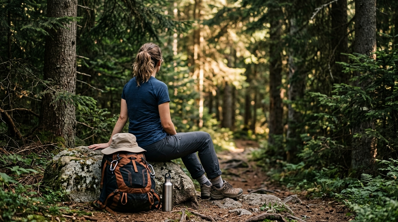 Randonneuse marquant une pause à l'ombre d'une forêt de sapins lors d'une canicule en août