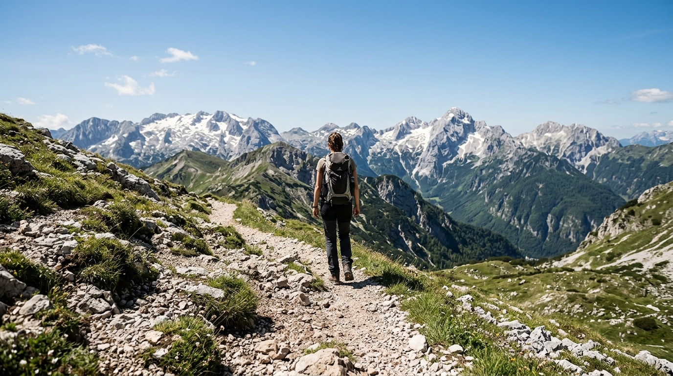 Randonneur sur un sentier de montagne en Slovénie, Parc national du Triglav, ciel dégagé