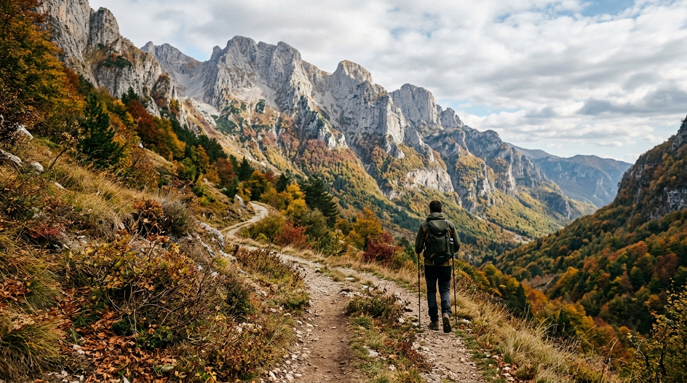 Sentier de randonnée dans les Alpes albanaises, massif Peaks of the Balkans, automne