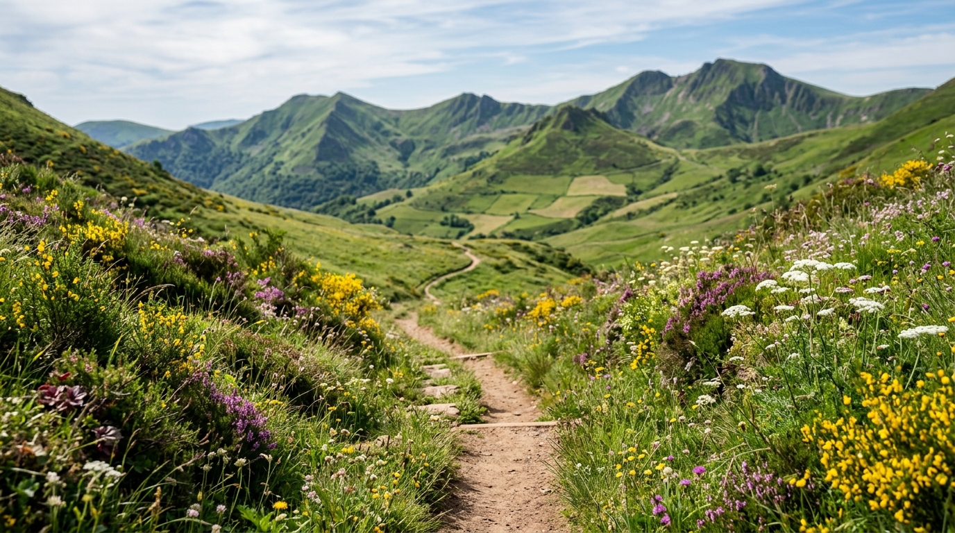 Sentier fleuri dans les Monts du Cantal au printemps, sans randonneur à l'horizon