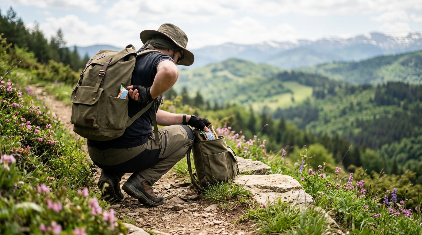 Randonneur appliquant le principe Leave No Trace sur un sentier des Rhodopes au printemps