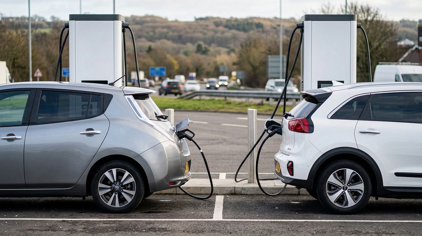 Deux voitures électriques en charge côte à côte sur une station de recharge rapide d'aire d'autoroute