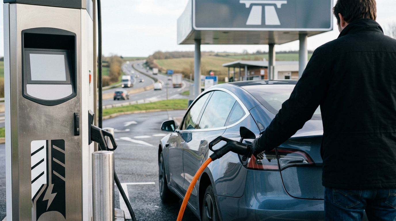 Automobiliste de dos rechargeant sa voiture électrique sur une borne rapide d'aire d'autoroute