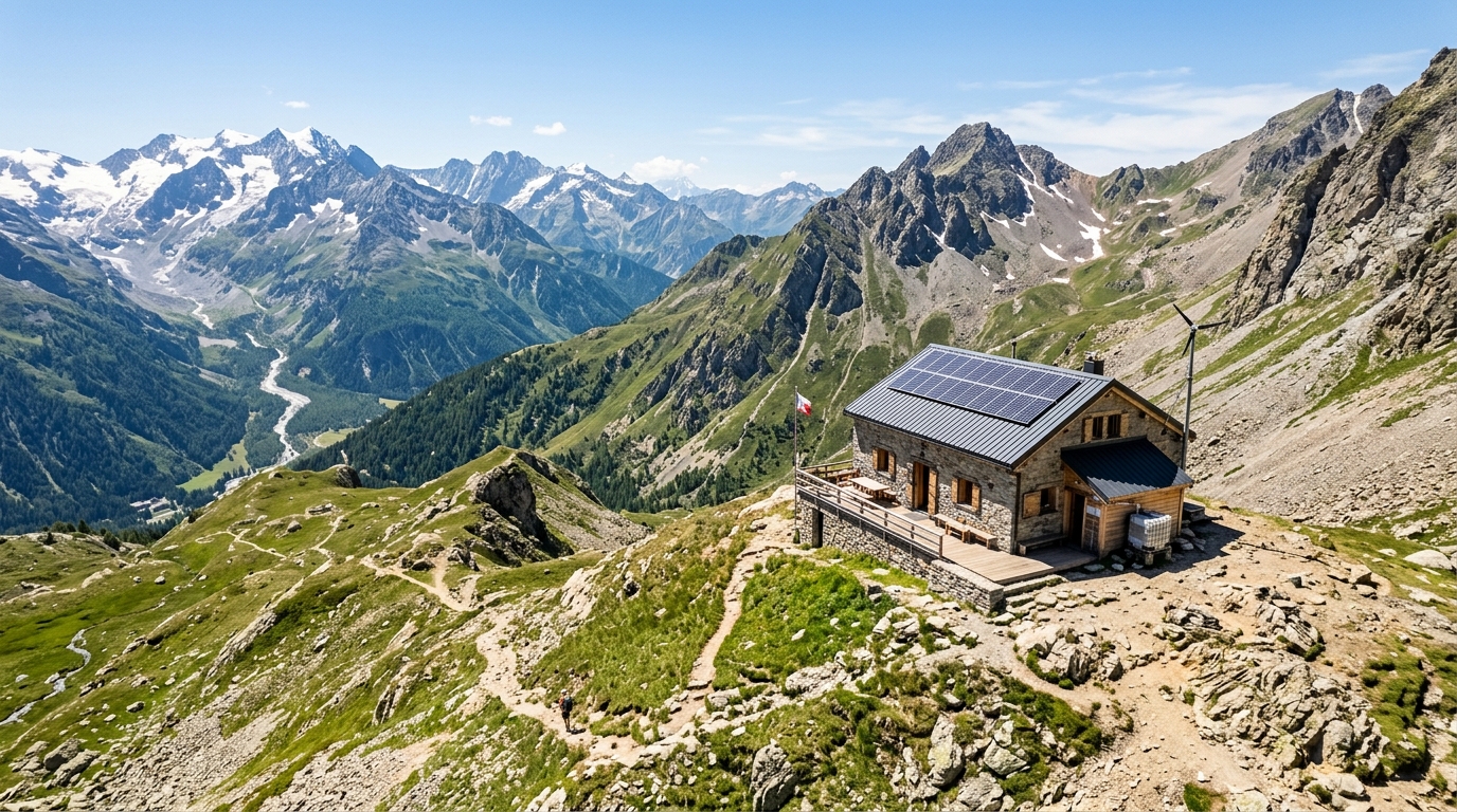 Vue aérienne d'un refuge de montagne sous un soleil estival intense, versant alpin dégagé