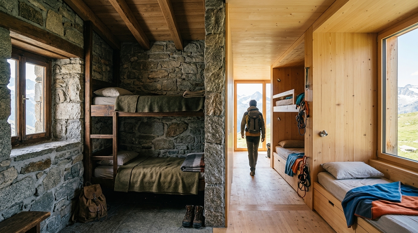 Comparaison intérieure : dortoir en pierre ancienne versus module bois préfabriqué récent dans un refuge alpin