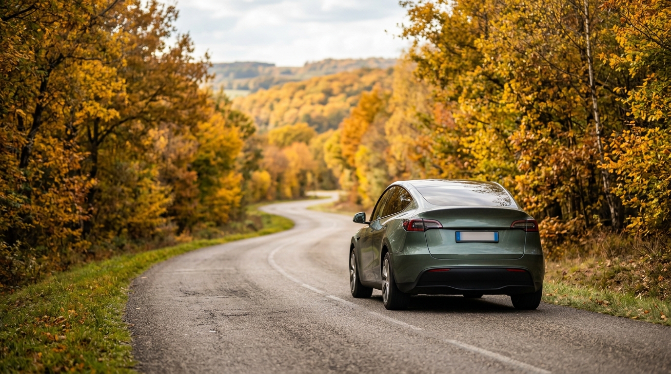 Un véhicule électrique sur une route de campagne en septembre, entouré de feuillages dorés