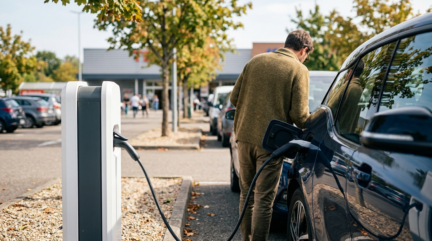 Borne de recharge rapide dans un parking de grande surface en septembre