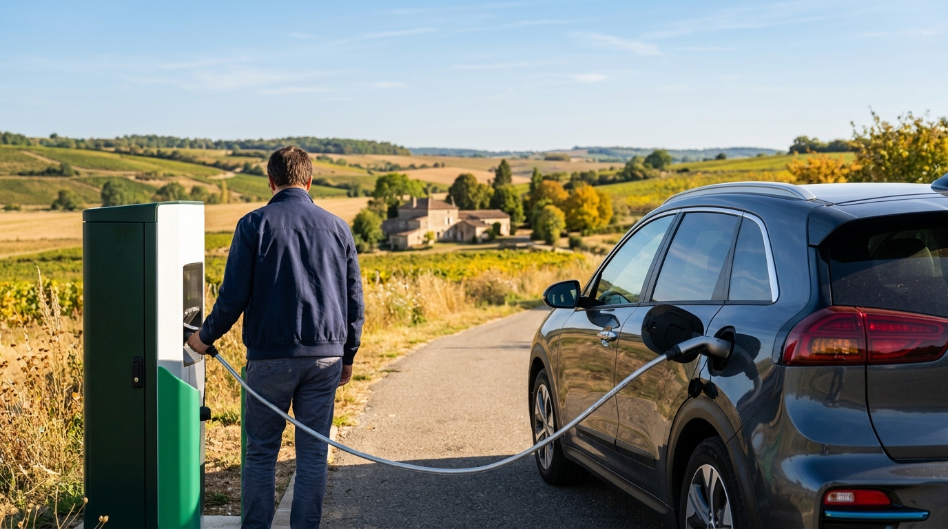 Un SUV électrique rechargé sur une borne rapide lors d'un road trip en septembre, paysage français ensoleillé en arrière-plan