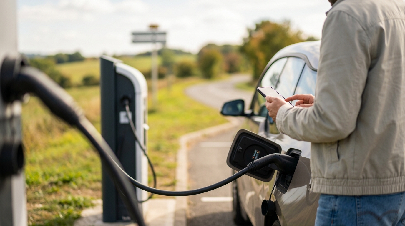 Personne consultant son téléphone près d'une voiture électrique en charge sur une borne, en bord de route de campagne