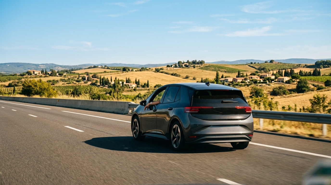 Voiture électrique en route sur autoroute en été, paysage ensoleillé