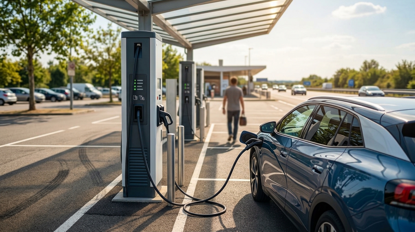 Borne de recharge rapide sur aire d'autoroute en été avec voiture branchée
