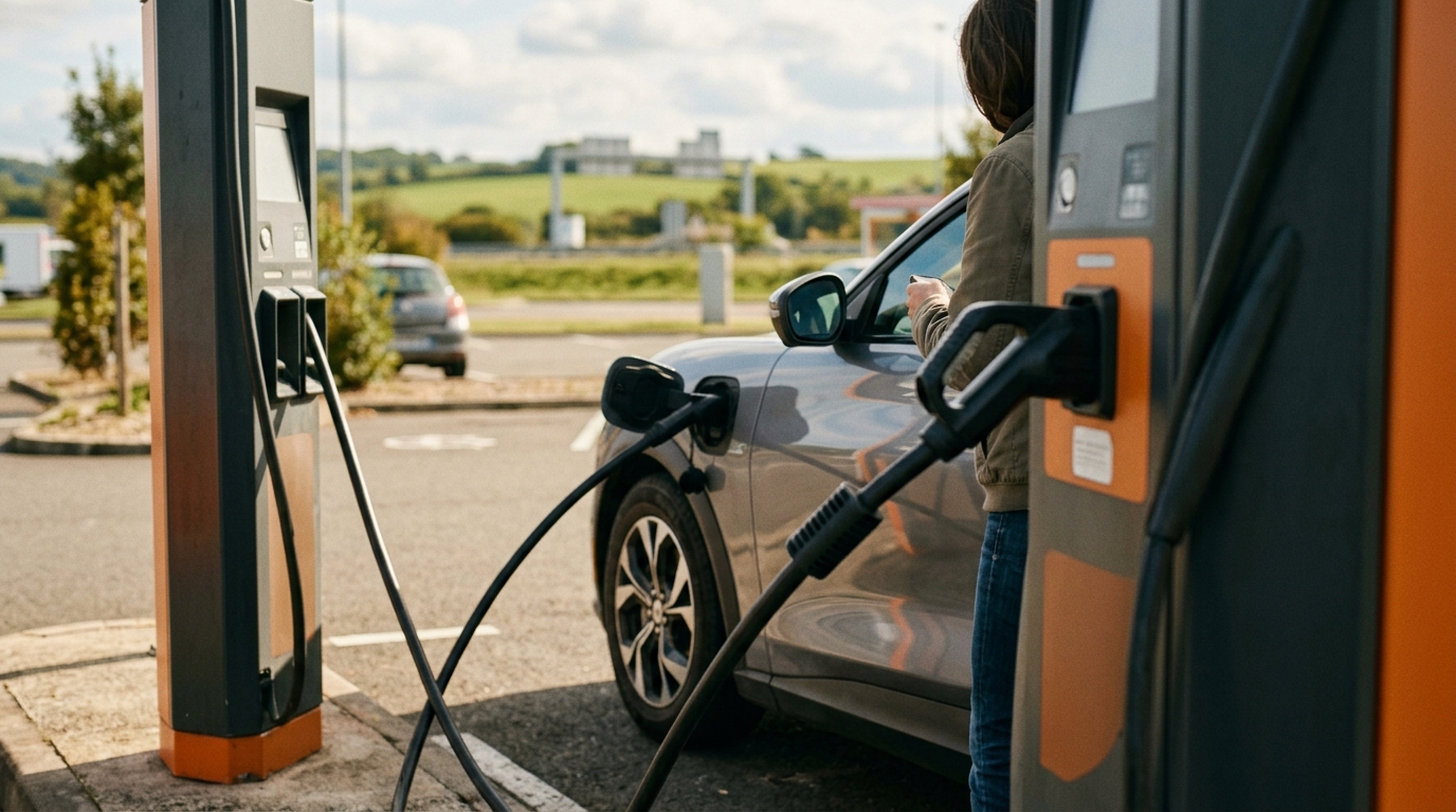 Voiture électrique en charge sur une borne rapide d'autoroute lors d'un road trip