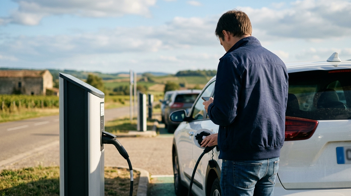 Automobiliste de dos rechargeant sa voiture électrique sur une borne, en bord de route de campagne