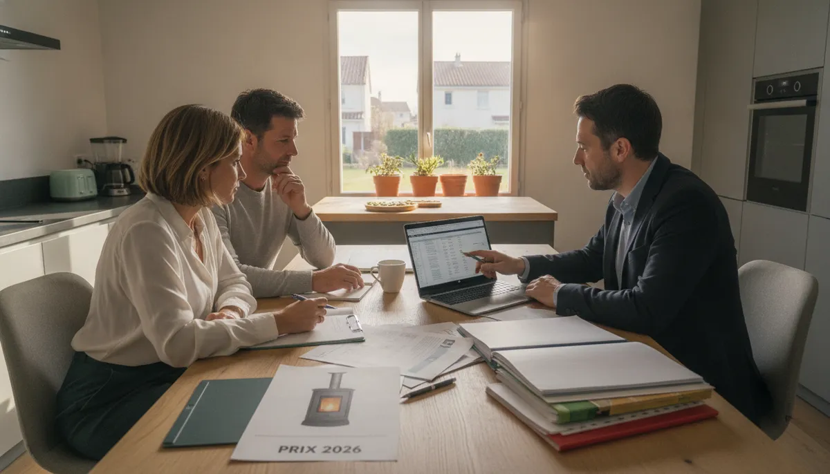 Installation de rénovation énergétique sur une maison française — poêle à granulés prix 2026